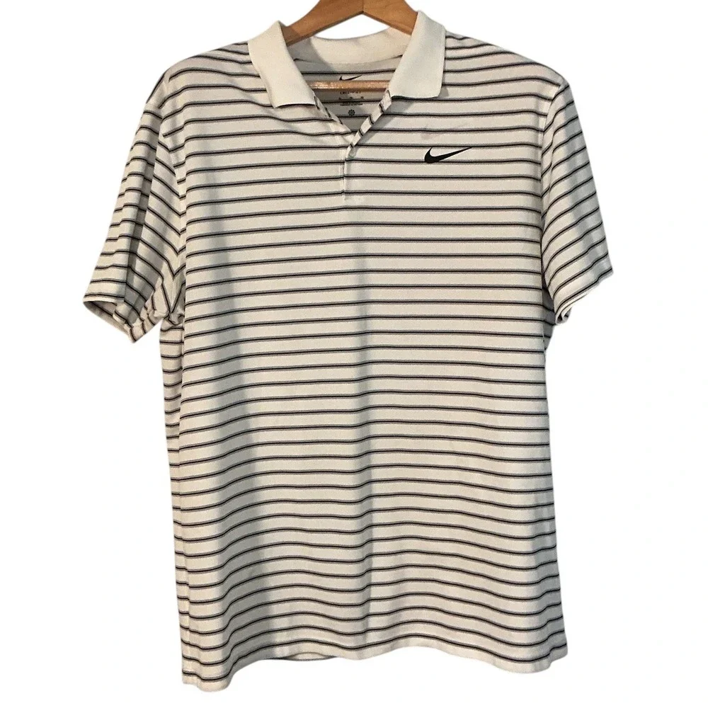 Nike Dri-FIT Mens XL Polo‎ Shirt White Black Striped Short Sleeve Golf Top
